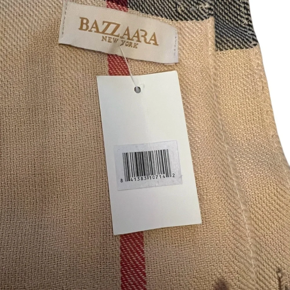 NWT BAZZAARA NY Tan Black & Red Nova Check Plaid Large Shawl Scarf w/ Fringe